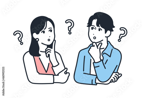 考える若い男女のシンプルなベクターイラストセット素材