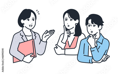 女性プランナーへ相談をする若い男女のシンプルなベクターイラスト素材