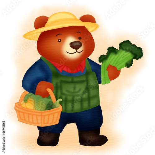 Agriculture concept. Teddy bear cartoon characters in work clothes. Pick up vegetables in farm fields for sale. Vector illustration.