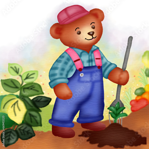 Agriculture concept. Teddy bear cartoon characters in work clothes. Planting cultivation in farm fields. Vector illustration.