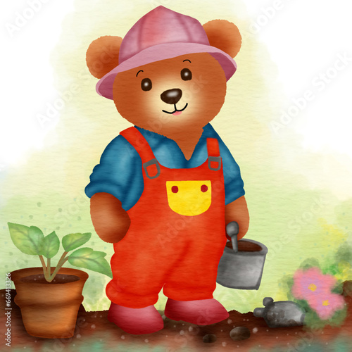 Agriculture concept. Teddy bear cartoon characters in work clothes. Plants cultivation and Watering garden. Vector illustration.
