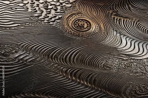 abstract background, abstract representation of a metallic surface with the intricate textures and patterns found in a Damascus steel blade.