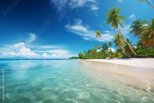 A sunny beach with clear water  green trees  white sand  and blue sky. Generative AI