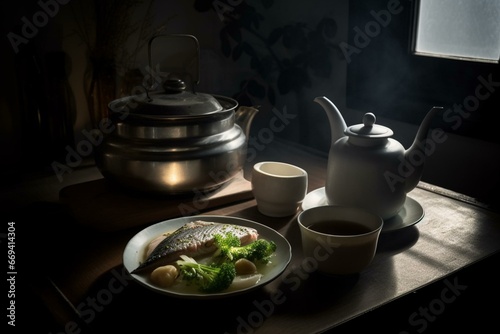 A dish of fish and vegetables with a hot beverage and a light source on a table, with additional lighting and a vessel in the distance. Generative AI