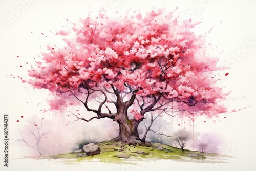 Watercolor illustration of a cherry blossom tree. Generative AI