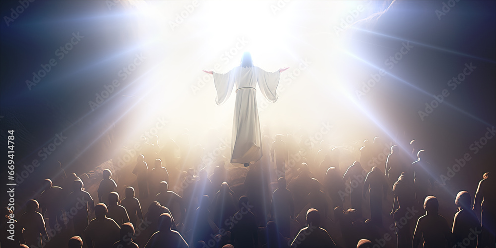 The Saviour, returning and rising, Jesus Christ,  ascending with bright, shining, healing golden and blue light and followers, Heaven on earth - obrazy, fototapety, plakaty 