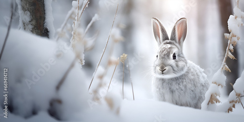 A rabbit sitting in the snow in a forest in winterland generative AI