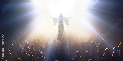 The Saviour, returning and rising, Jesus Christ,  ascending with bright, shining, healing golden and blue light and followers, Heaven on earth © Nick