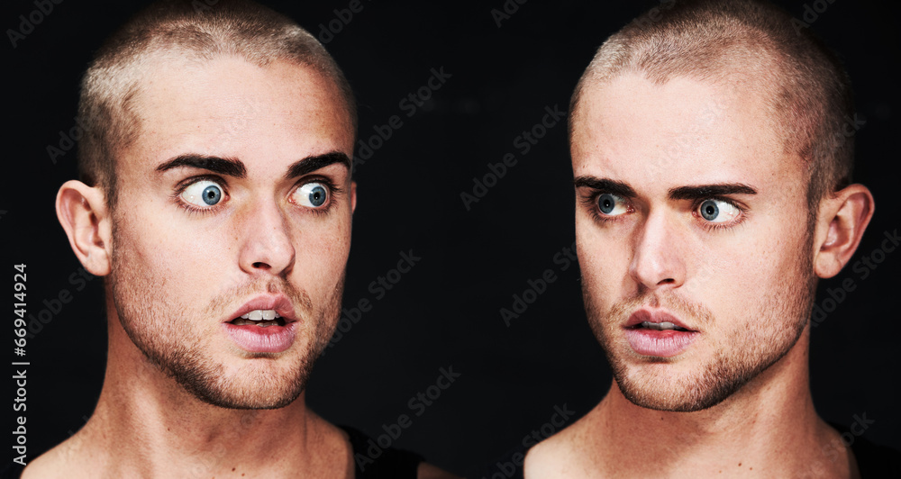 Fototapeta premium Mental health, portrait and man with bipolar disorder or illness in studio with terror or fear. Double exposure, guy and male person with trauma, anxiety or schizophrenia on black background or face