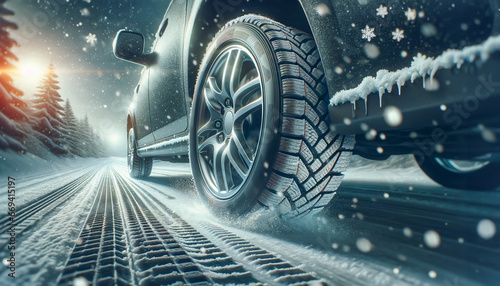 スタッドレスタイヤで雪道を安全に走行：タイヤのグリップと舞い散る雪片