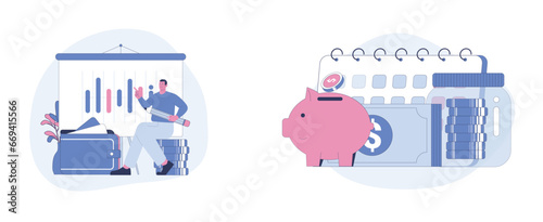 Financial Management and Daily Expenses. Flat Cartoon Vector Illustration.