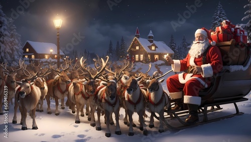 Santa Claus goes to the children with his sleigh full of lights.