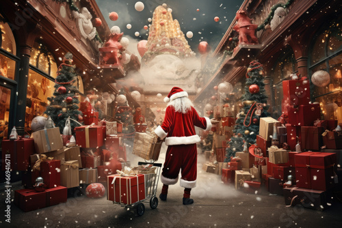 photo from the back, Santa Claus looking for gifts for the children photo