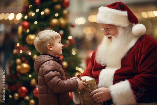 boy receiving gift from papanoel in a shopping center photo
