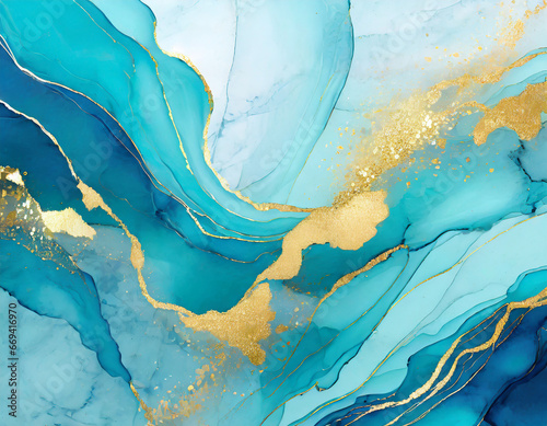 Blue blue liquid abstract background with gold flecks. ink painting effect on turquoise marble