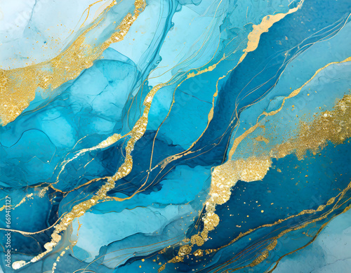 Blue blue liquid abstract background with gold flecks. ink painting effect on turquoise marble