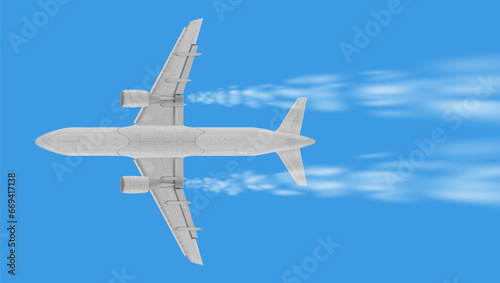 Realistic White Airplane High Up In Blue Sky