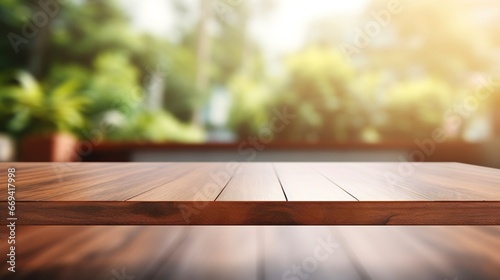 empty wooden table and green grass, Empty wooden tabletop with blurred vision background living room.