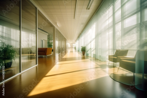 Photo of a large and spacious corridor in an office  illuminated by sunlight. A fully glazed office creates a cozy working atmosphere