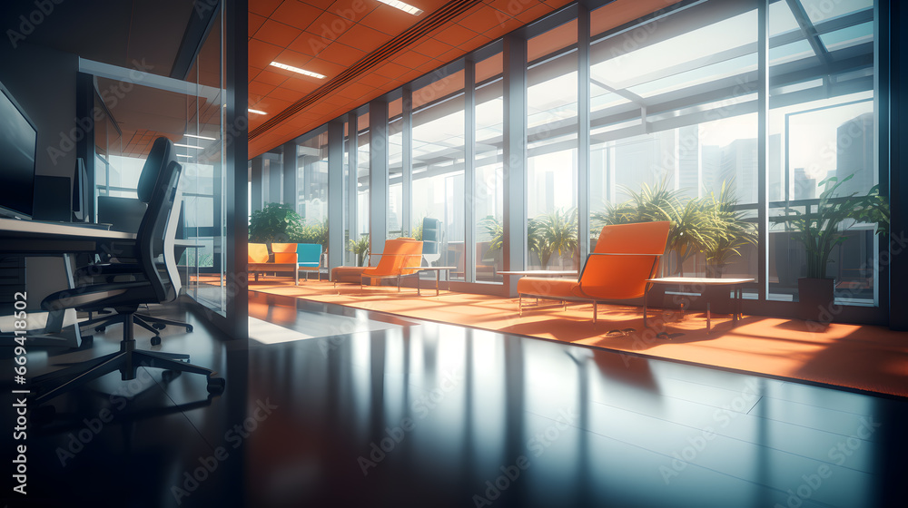 Photo of a large and spacious corridor in an office, illuminated by sunlight. A fully glazed office creates a cozy working atmosphere Photo of a large and spacious corridor in an office, illuminated by sunlight. A fully glazed office creates a cozy working atmosphere