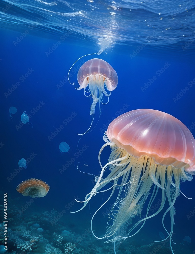 A small jellyfish swims just under the surface of the sea in Raja Ampat, Indonesia. Jellyfish are often found in substantial numbers, called a bloom of jellie GENREATIVE AI