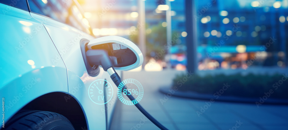 EV hybrid vehicle charger plugged into electric car for electric recharging from electric charging station, Cutting-edge innovation, future green energy sustainability, renewable energy concept