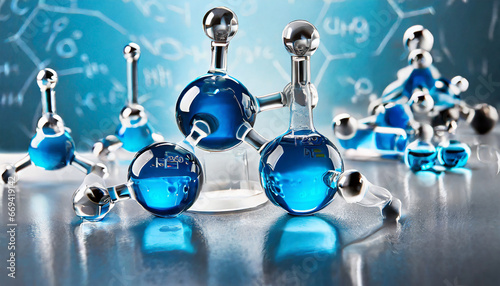 Hyaluronic acid molecules. Hydrated chemicals, molecular structure and blue spherical molecule. Microscope h2o water molecules, hyaluron acides in chemical laboratory photo