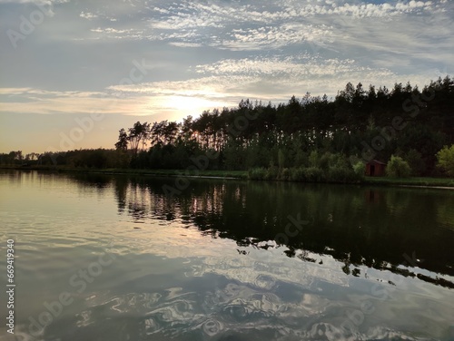 Lake and forest in sunset, picturesque wallpaper