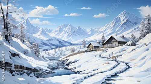 Quiet snow-covered winter landscape with mountains © senadesign
