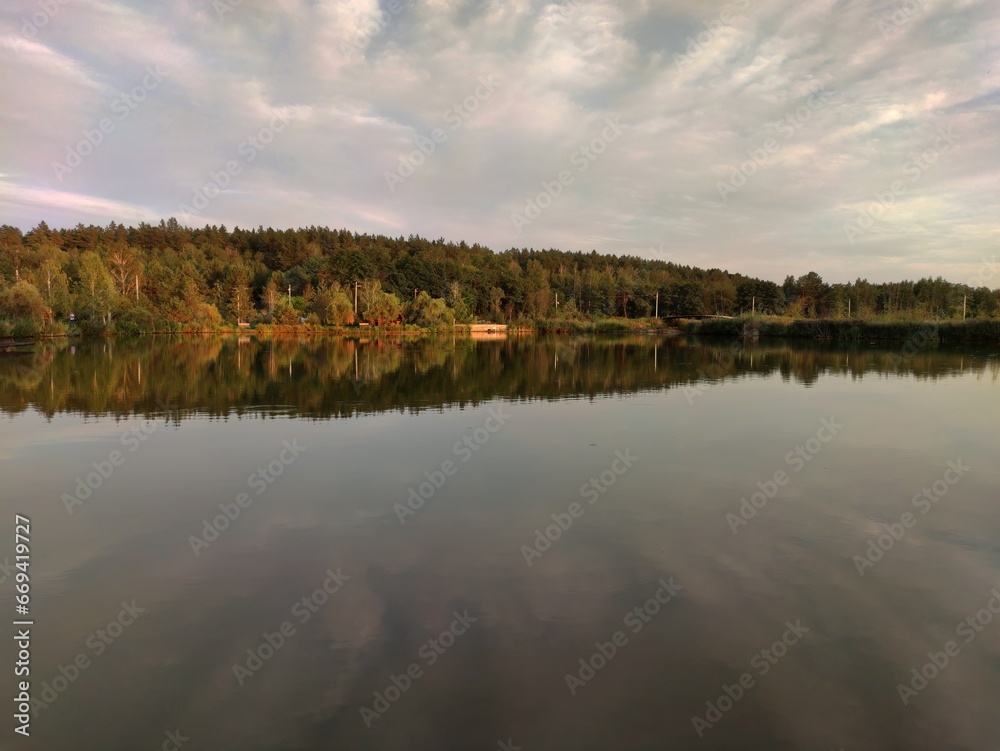 Lake and forest in sunset, picturesque wallpaper