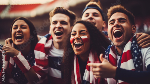 Energetic Sports Fans at Olympic Football Stadium: Cheering with Flags in Paris US Ameri