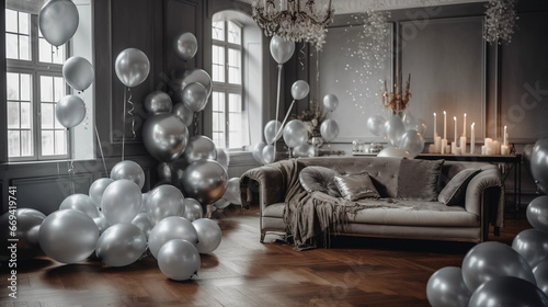 Elegant New Year's Eve Celebration Birthday : Beautifully Decorated Apartment with Silver Balloons photo