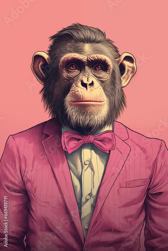 vintage print of monkey or chimp wearing suit and bowtie in pink lithograph style