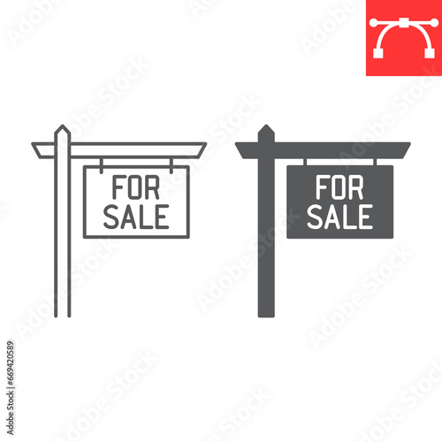 For sale signboard line and glyph icon, real estate and promotion, signboard vector icon, vector graphics, editable stroke outline sign, eps 10.