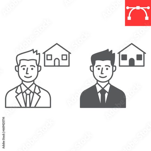 Realtor line and glyph icon, real estate and businessman, estate agent vector icon, vector graphics, editable stroke outline sign, eps 10.