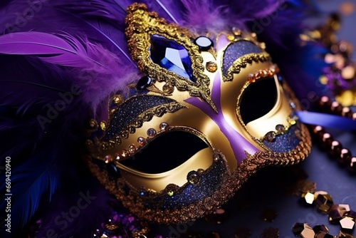 Purple mask adorned with gold elements and colorful feathers, perfect for the lively celebration of Brazil's carnival. Generative AI