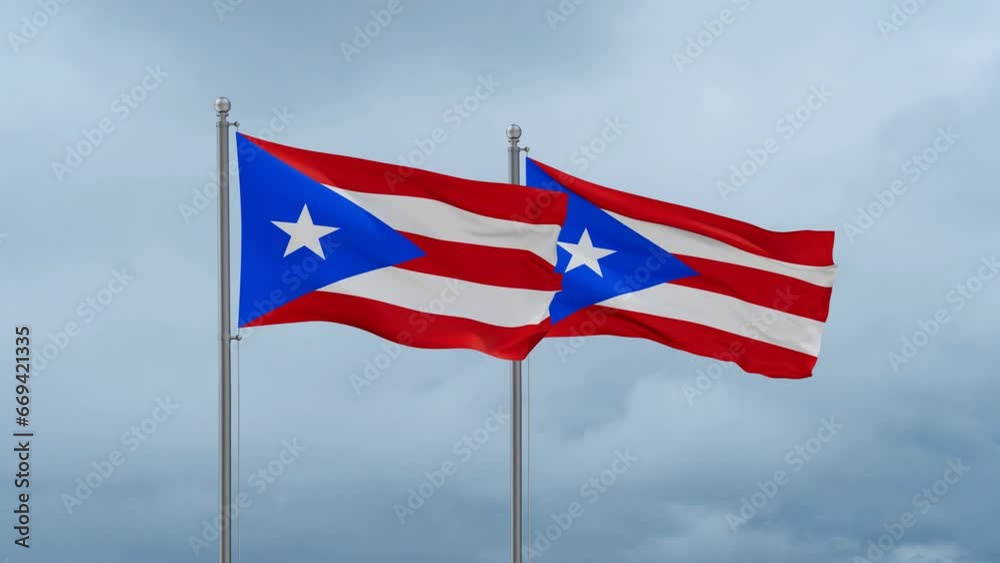 Two Puerto Rico flag waving together on cloudy sky, endless seamless loop, two country cooperation concept Two Puerto Rico flag waving together on cloudy sky, endless seamless loop, two country cooperation concept