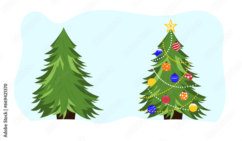 Christmas tree without decorations and with decorations. Vector