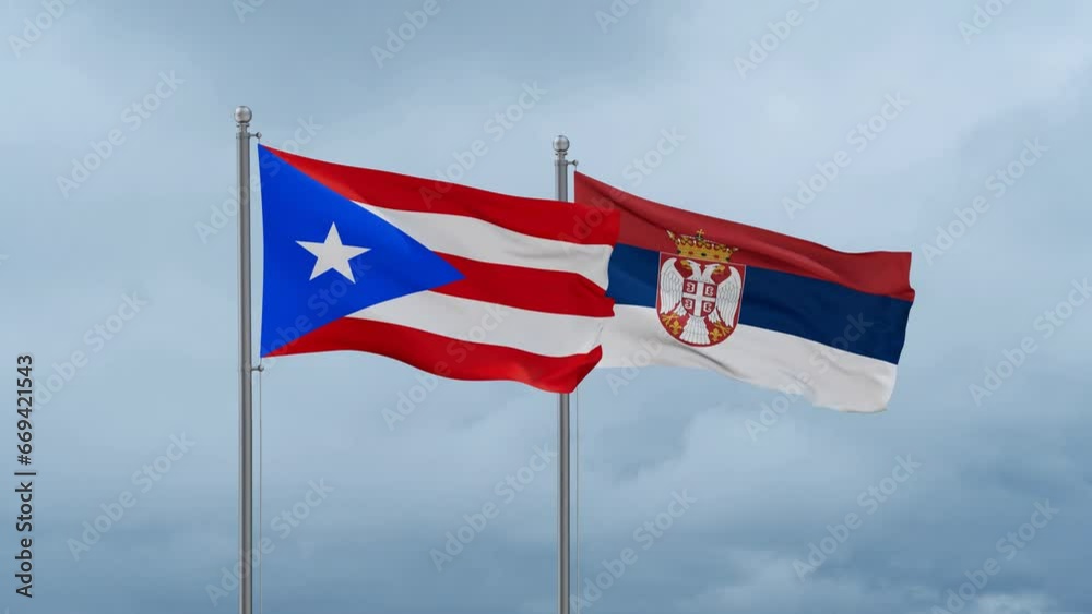 Republic of Serbia and Puerto Rico flag waving together on cloudy sky, endless seamless loop, two country cooperation concept Republic of Serbia and Puerto Rico flag waving together on cloudy sky, endless seamless loop, two country cooperation concept