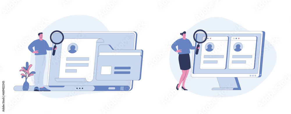 Job Search and Profile Review. Flat Cartoon Vector Illustration. - obrazy, fototapety, plakaty 