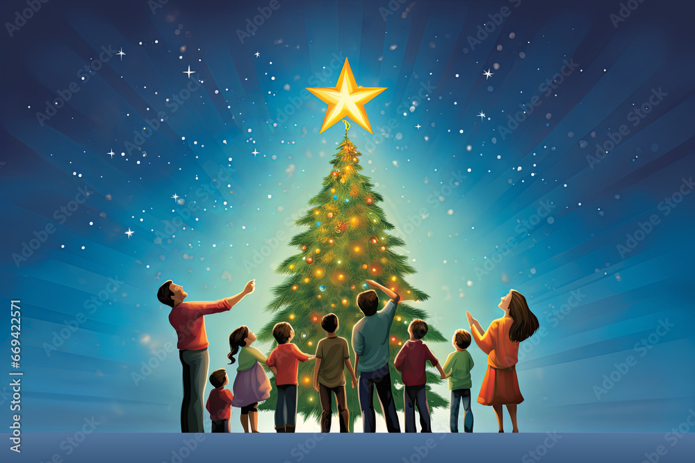 Illustration of a festival of an family with children  gathered around a beautifully decorated Christmas tree with star on top against a starry sky