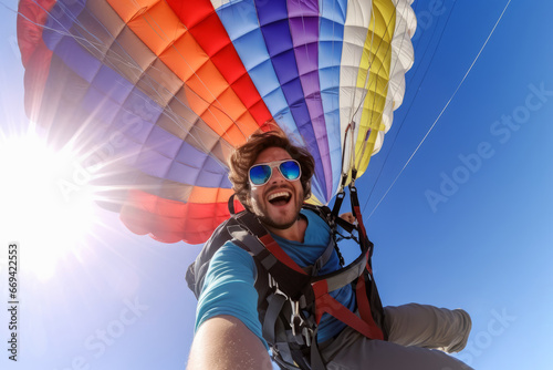 Close up on a cheerful young man wearing sunglasses descends on a bright multi colored parachute against a clear blue sky, bottom view, selfie