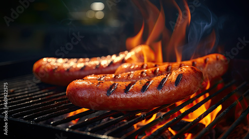 grilled sausages on grill with flame on dark background