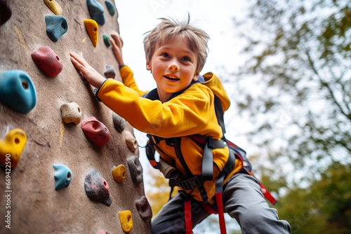 A child confidently climbing a climbing wall on the playground, highlighting physical activity and skill development photo