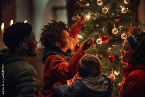 A festive of an afro-american family gathered around a beautifully decorated Christmas tree, with children hanging ornaments, joy of holiday traditions
