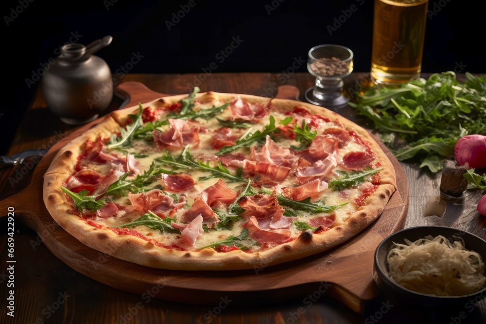 Close up view on a delicious pizza with artichokes, prosciutto, and arugula, on a wooden board