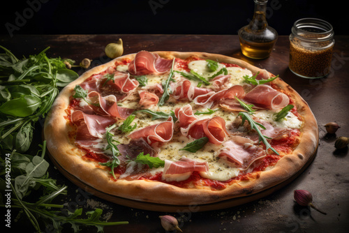 Close up view on a delicious pizza with artichokes, prosciutto, and arugula, on a wooden board