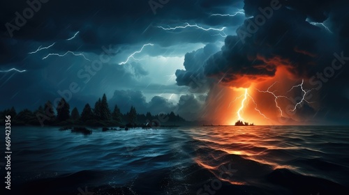 A fierce flash of lightning over the sea at night in the tempestuous sky.