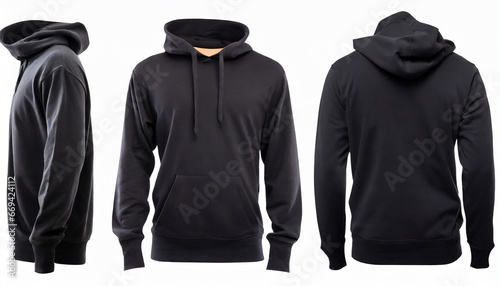 Set of Black front and back view tee hoodie hoody sweatshirt on white background cutout. Mockup template for artwork graphic design photo