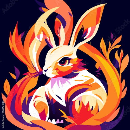 Rabbit in the forest with a lot of flowers. Vector illustration. Generative AI